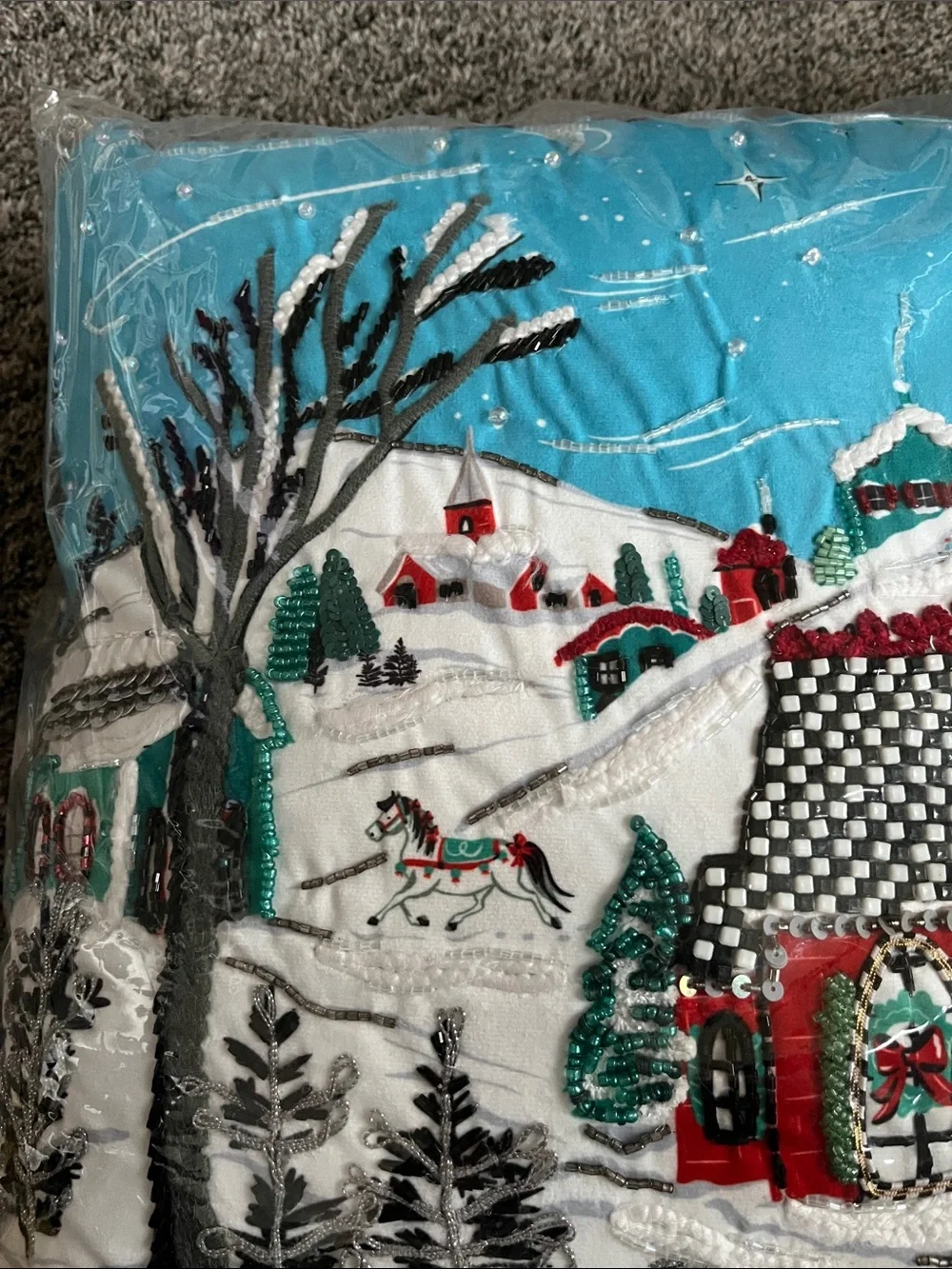 Mackenzie Childs Alpine Scene pillow! 18x18! Holiday Winter Village throw pillow